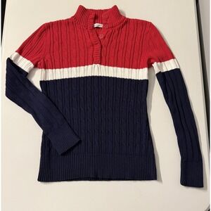Liz & Co Red White‎ and Blue Cable Knit Sweater S Cotton Striped Color Block